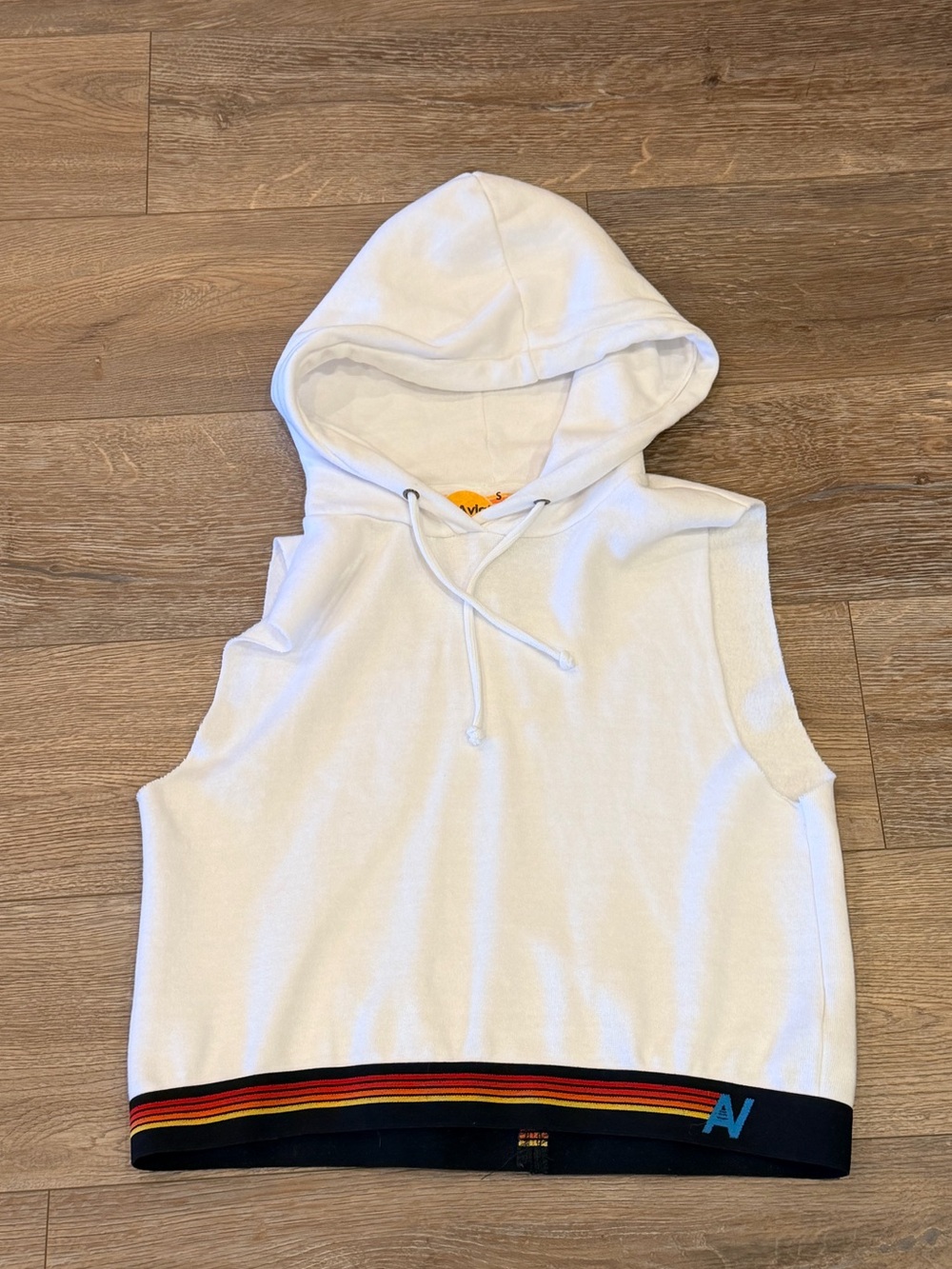 Aviator Nation Women’s White Sleeveless Hoodie with Rainbow Stripe Hem Small